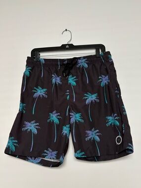 Brooklyn Cloth Palm Tree Prints Lined Black Swim Trunk Medium